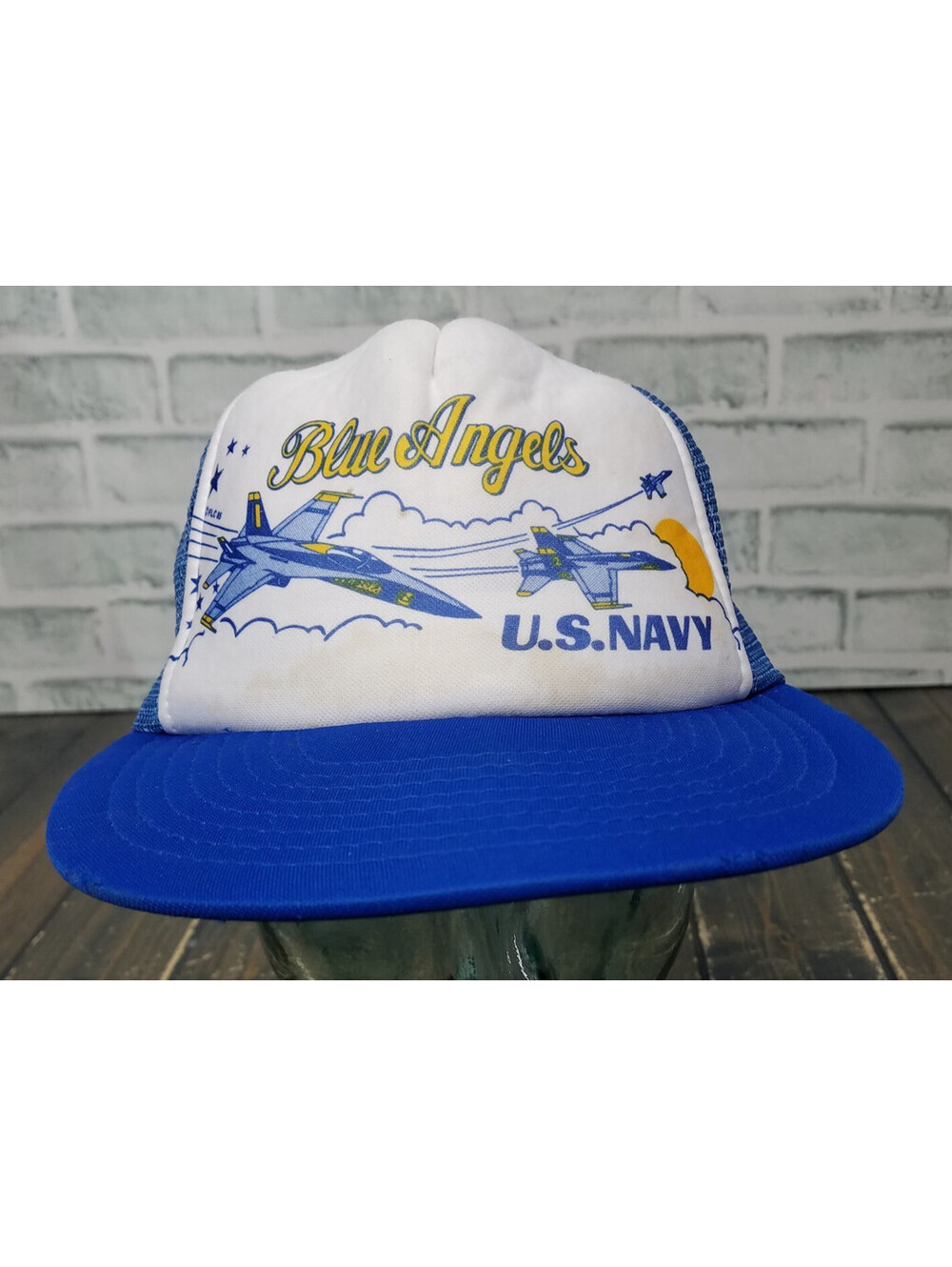 Vintage US NAVY Blue Angels Mesh Snapback Trucker Hat Cap Jet Airplane **READ**